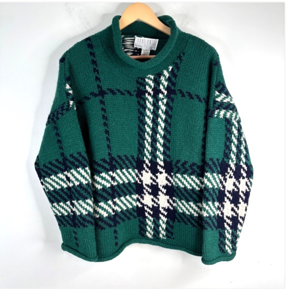 VTG Hand Knit Wool Roll Neck Sweater OS Plaid Mockneck Old Money Ski Academia